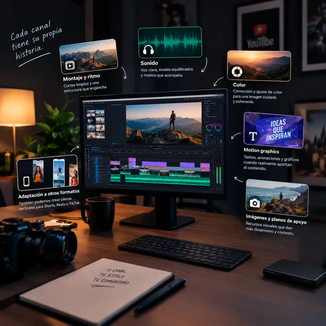 Imagen generada con IA que representa las distintas capacidades de adaptación de un vídeo a diferentes estilos y formatos en edición para youtube o diferentes redes sociales, tiktok, reels, shorts, etc.
